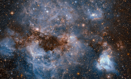 A Stormy Stellar Nursery

This cloudy, turbulent scene shows a stellar nursery within the Large Magellanic Cloud known as N159.